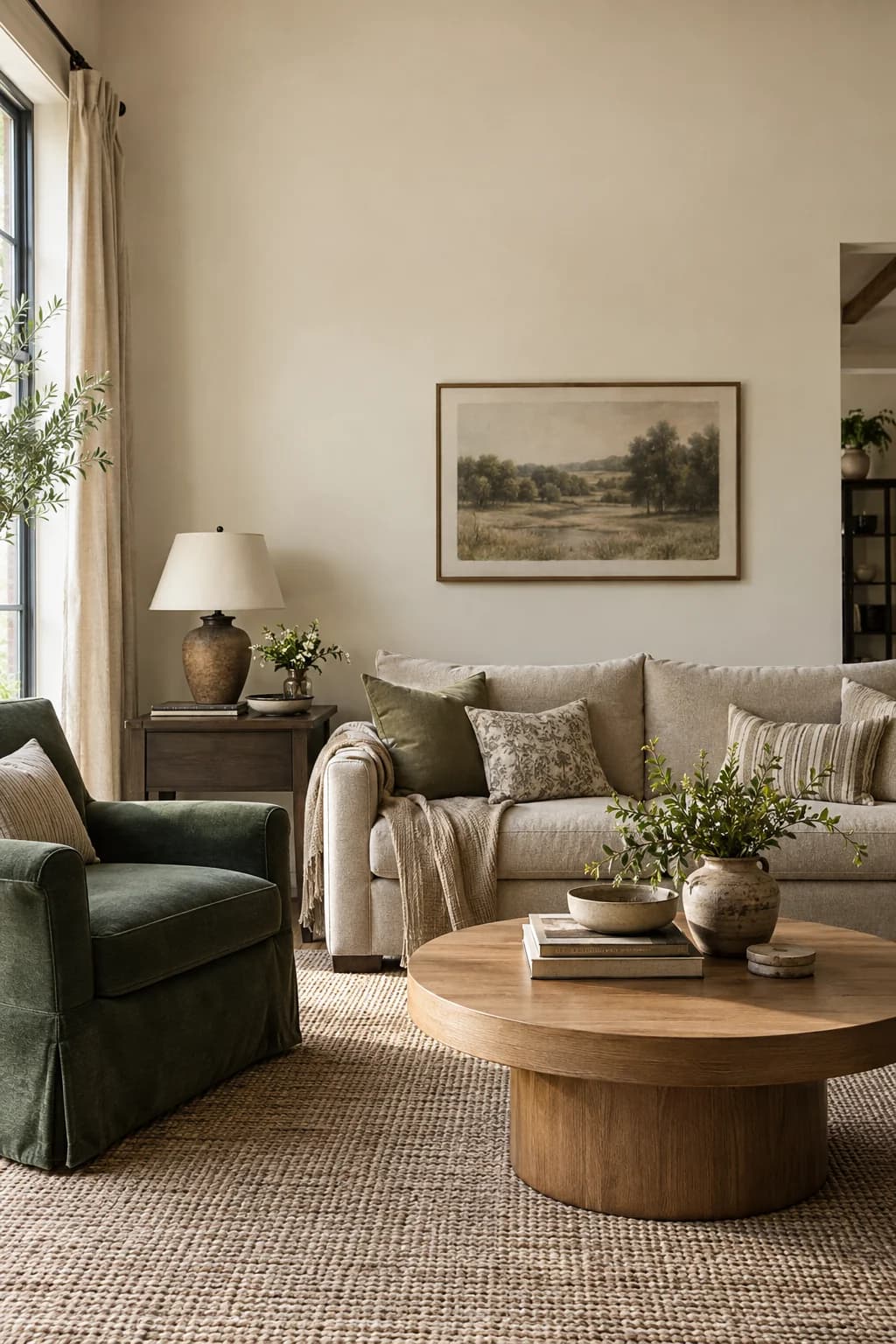 A sunlit living room with an ivory sofa, wood accents, and green details