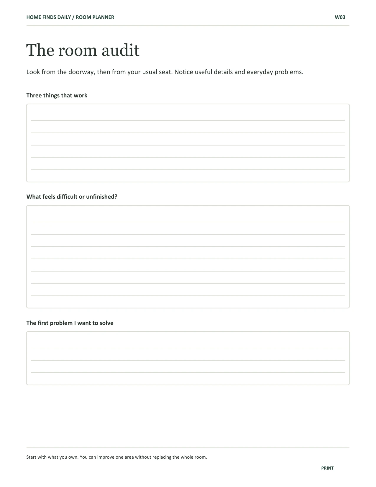 The workbook’s room audit with spaces to write your priorities