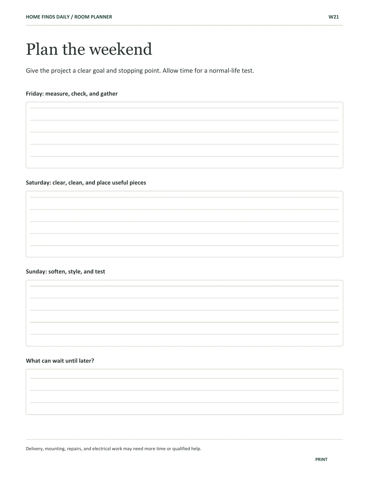 The workbook’s weekend refresh planning sheet