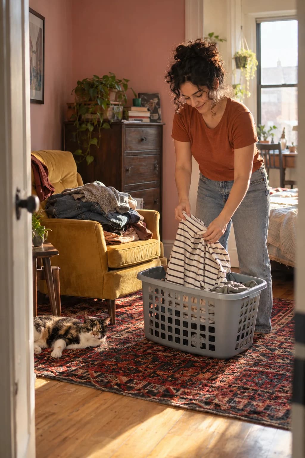 Woman sorting clothes beside a mustard-yellow chair in a sunny rose-colored apartment