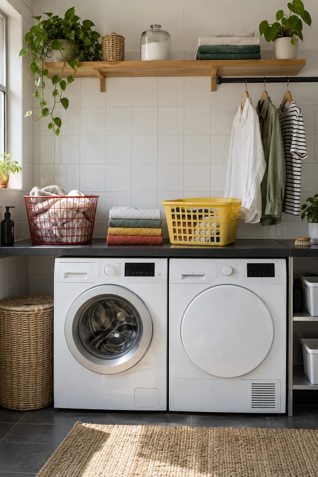 An attainable laundry station with everyday baskets and supplies on a dark countertop